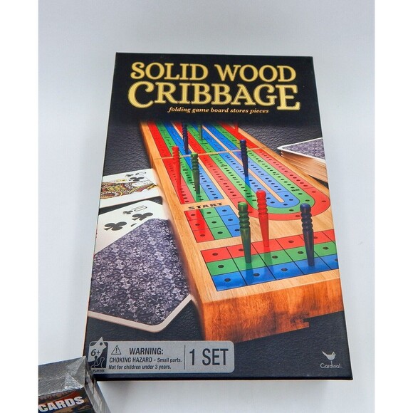 Cardinal Cribbage Board Set Solid Wood 3 Player Folding Track Deck Cards - Picture 3 of 9